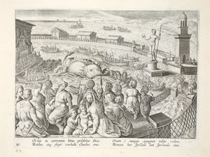 Mostro marino che attacca una barca durante uno spettacolo in un recinto marino a Ostia, tavola 85, illustrazione da 